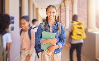 Student, portrait smile and class for school, education or learning with vision for career ambition in development. Happy female teenager smiling ready to learn, scholarship or goals at busy academy