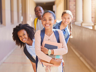 School, friends and portrait of group of children in hallway excited for lesson, learning and class. Education, friendship and happy young students with backpack, books and ready for primary school