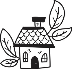 Hand Drawn cute house and leaves illustration