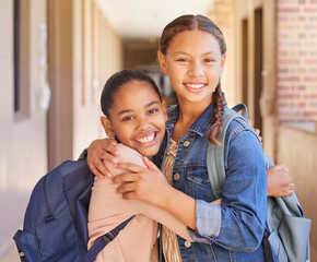 School, friends and portrait of children hugging in hallway excited for class, learning and lesson in primary school. Education, friendship and young girl students embrace, smile and happy together