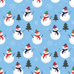 Snowman with scarf and beanie on crystal blue background christmas seamless pattern. Seasonal celebration abstract surface. Christmas character vector illustration.