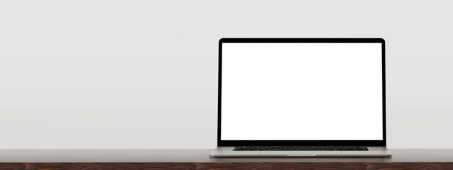 Laptop on wooden table, white wall. Front view open modern laptop mockup. Laptop blank screen mockup on wooden table. Front view laptop on work table