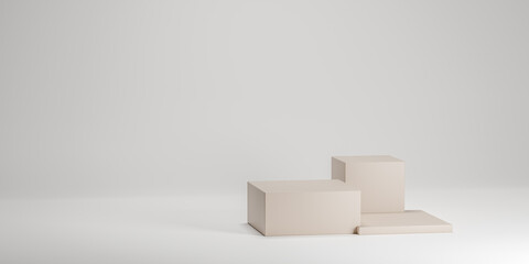 podium made of three 3d beige square shapes. Empty podium or pedestal display on grey background with box stand concept. Product placement. 3D rendering.