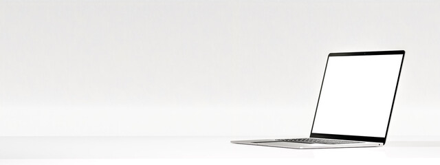 Laptop with blank screen on white table on white wall background. Modern Laptop silver metallic color mockup. Wide web banner. copy space