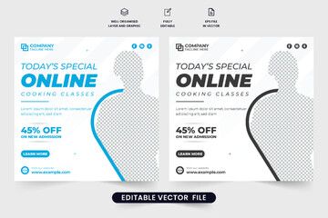 Online cooking class social media post vector with blue and dark colors. Special cooking class promotional web banner design. Culinary training center advertisement poster vector for marketing.