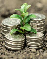 Money growth in soil with green leaves and trees concept, business and farming success finance. Agriculture plant seeding growing step concept in garden
