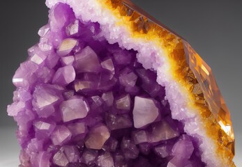 Amethyst crystal geode on gray background, pale purple and amber