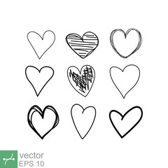 Grunge heart icon set. Simple flat style. Hand drawn, love, sketch, romantic concept. Vector illustration isolated on white background. EPS 10.