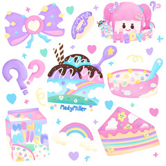 set of girl with pink colourful desserts