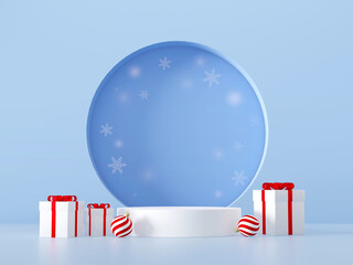 3D rendering white product display stand with red and white gift boxes and baubles on pastel blue background. Christmas or winter product presentation scene.