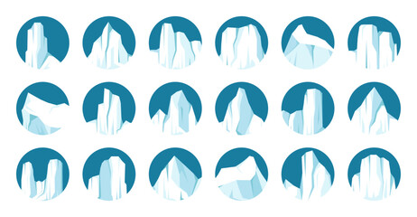Floating icebergs collection. Drifting arctic glacier, block of frozen ocean water. Icy mountains with snow. Melting ice peak. Antarctic snowy landscape. South and North Pole. Vector illustration.