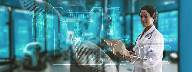 Women doctor or scientist holding smart computer equipment,molecular and DNA structure and...