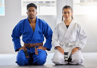 Karate, man and woman in portrait together with focus determination for fitness, wellness or...