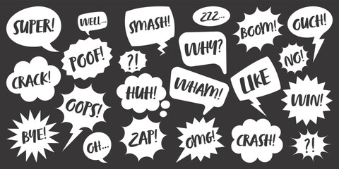 White comic speech bubbles with handwritten text on dark background. Hand drawn retro cartoon stickers. Pop art style. Vector illustration