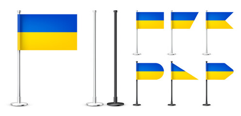 Realistic various Ukrainian table flags on a chrome steel pole. Souvenir from Ukraine. Desk flag made of paper or fabric, shiny metal stand. Mockup for promotion and advertising. Vector illustration