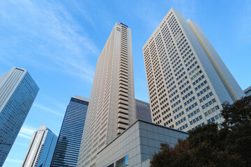 夕日に照らされる新宿の高層ビル群
