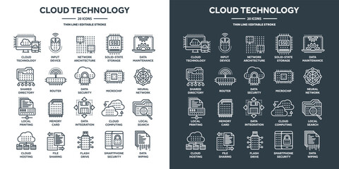 Cloud computing and internet technology, database remote access. Web hosting, online services data protection. Information security, data sharing and backup. Thin line icons set. Vector illustration