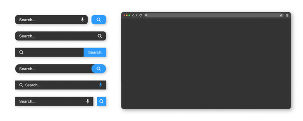 Blank internet browser window with various search bar templates, dark mode. Web site engine with search box, address bar and text field. UI design, website interface elements. Vector illustration