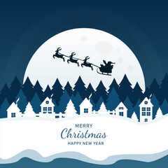 Santa Claus with sleigh and reindeer silhouette on a big full moon in the pine forest. Vector