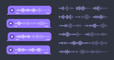 Voice, audio message, violet speech bubble. SMS text frame. Social media chat or messaging app conversation. Voice assistant, recorder. Sound wave pattern. Dark mode. Vector illustration