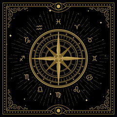 Golden luxury compass of fortune with zodiac signs