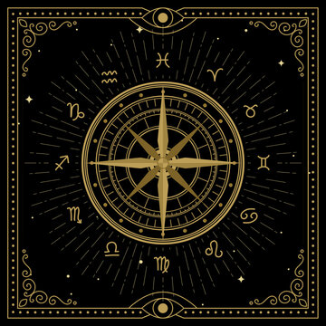 Golden luxury compass of fortune with zodiac signs