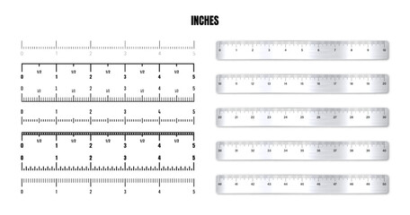 Realistic metal rulers with black inch scale for measuring length or height. Various measurement scales with divisions. Ruler, tape measure marks, size indicators. Vector illustration