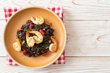 stir-fried black spaghetti with garlic and shrimps