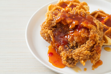 fried chicken with waffle and spicy sauce