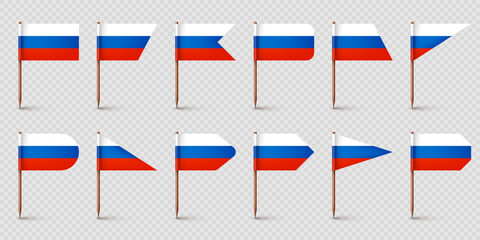 Realistic various Russian toothpick flags. Souvenir from Russia. Wooden toothpicks with paper flag. Location mark, map pointer. Blank mockup for advertising and promotions. Vector illustration
