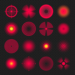 Pain localization marks. Painful area, aching spot. Red circles, targets. Headache, bruised body part marker. Back, neck, muscle pain symbol. Healthcare ad, medical information. Vector illustration.