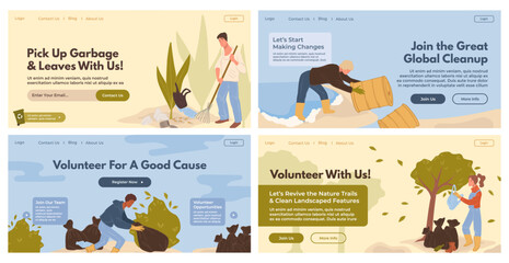 Web banner set with volunteer cleaning at park