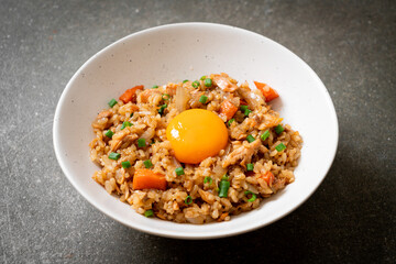 salmon fried rice with pickled egg on top