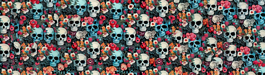Colorful ditsy pattern of skulls and flowers, fabric pattern