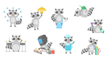 Big Set Abstract Collection Flat Cartoon Different Animal Raccoons Vector Design Style Elements Fauna Wildlife