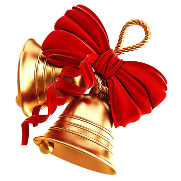 Golden metal jingle bell with red bow isolated , Christmas symbol, school bell, vintage bell. 3D effect with transparent png.  