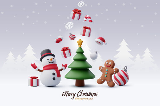 Snowman and cookie celebrate new year party with Christmas tree, Merry Christmas and happy new year greeting concept.