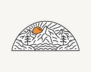 The mountain and sunrise nature design for badge patch emblem graphic vector art t-shirt design