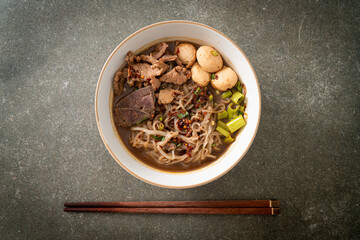 Thai noodle with pork, stewed pork, meatball and pork liver in blood soup