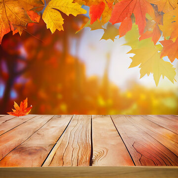 Fall Background with brown wood for product, falling yellow autumn leaves and grass with sun beams