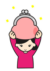 笑顔で大きながま口財布を持つ女性