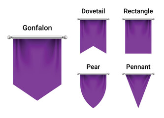 Set of Dark Purple Flags mockup isolated on white background. Empty 3D Pennant Blank. Realistic Illustration.