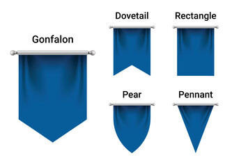 Set of Dark Blue Flags mockup isolated on white background. Empty 3D Pennant Blank. Realistic Illustration.