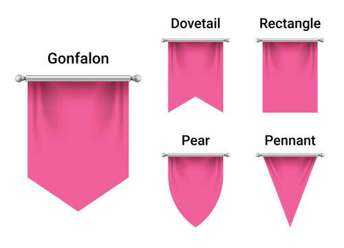 Set of Pink Flags mockup isolated on white background. Empty 3D Pennant Blank. Realistic Illustration.