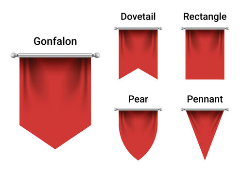 Set of Red Flags mockup isolated on white background. Empty 3D Pennant Blank. Realistic Illustration.
