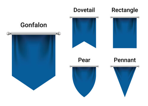 Set of Dark Blue Flags mockup isolated on white background. Empty 3D Pennant Blank. Realistic Illustration.