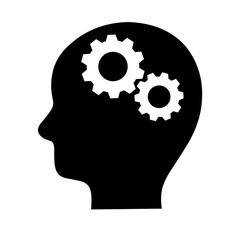 Vector icon of human head with gears on white background. Human robot artificial intelligence concept.