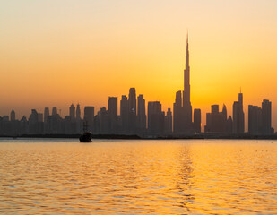 Dubai, UAE - 10.07.2022 View of Dubai skyline, shot made from Dubai creek harbor. City