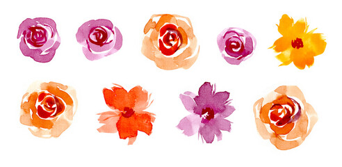 A set of flower buds on a white background. Watercolor flowers for design. Watercolor painted set of roses, botanical elements isolated on the background