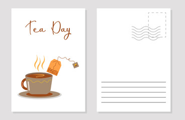 the layout of a greeting card for tea day is a cup with hot fragrant tea and a tea bag